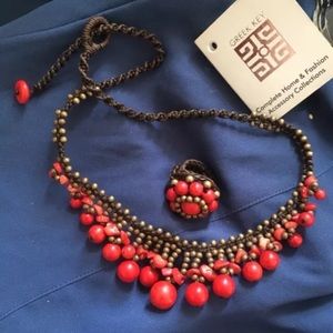 Vegan red Carnelian & Seashell Necklace And Ring